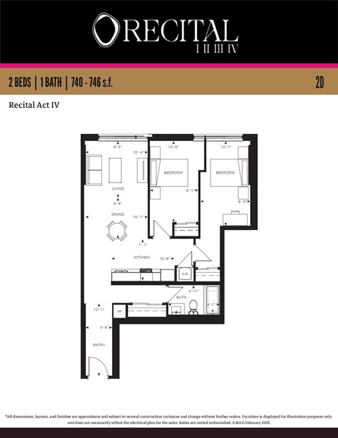 A floor plan for a 2 bedroom, 1 bathroom apartment.